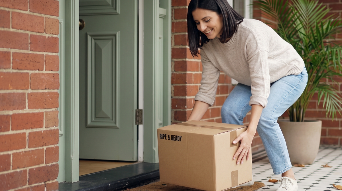 A woman on a tiled front verandah bending down and smiling as she lifts a Ripe & Ready box off the ground