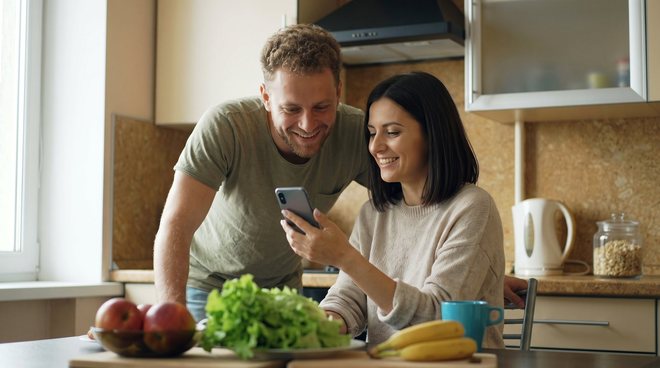 A couple in their kitchen smiling at a phone together, with apples, lettuce and bananas on the bench in front of them